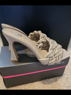 Vince Camuto Braided Beige Slide Sandal with Rhinestone Accents